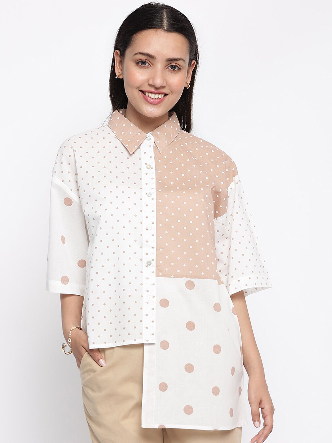 

Fabindia Cotton Printed White Spread Collar Top