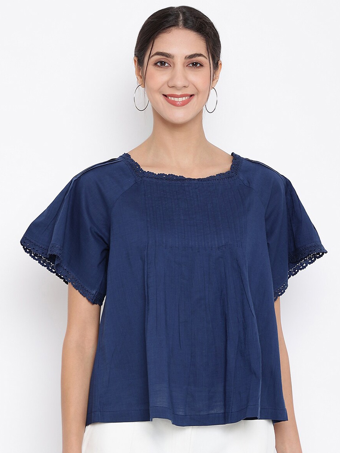 

Fabindia Women Solid Kimono Sleeves Navy Blue Top