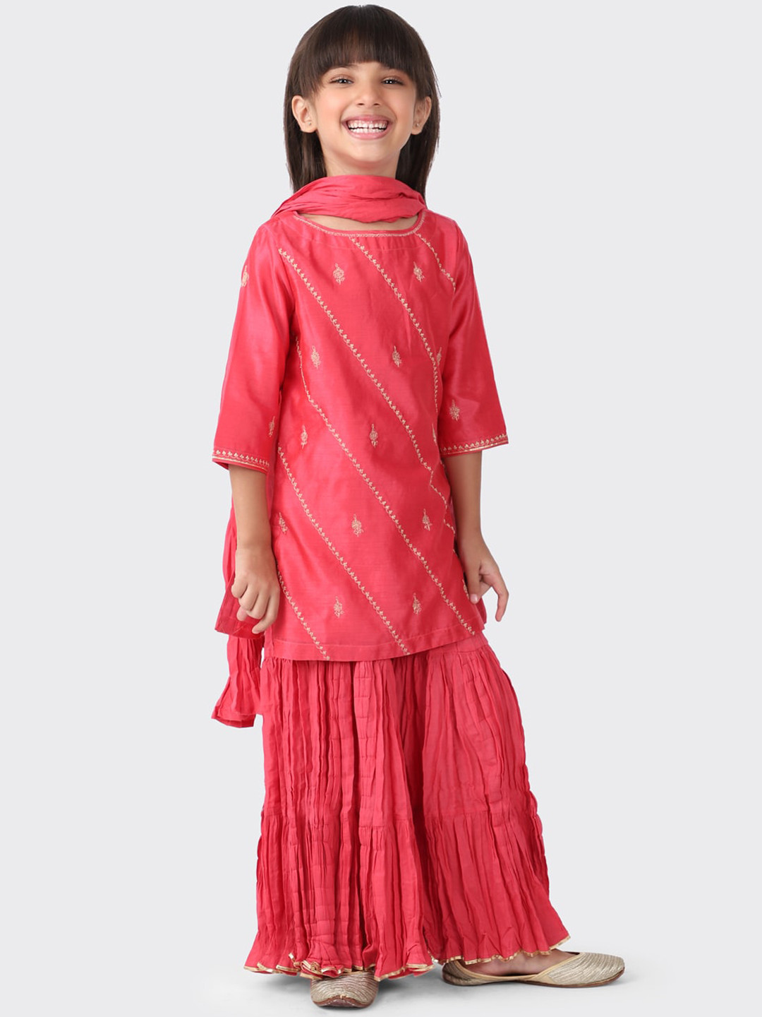 

Fabindia Girls Pink Ethnic Motifs Thread Work Kurti with Sharara & Dupatta