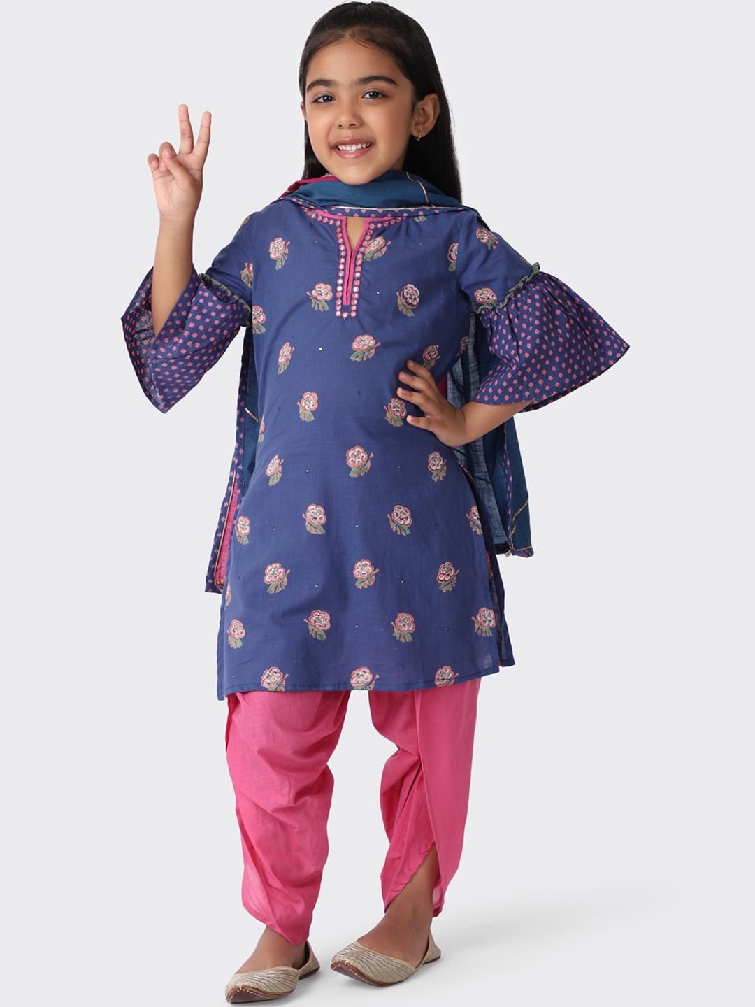 

Fabindia Girls Blue Floral Printed Mirror Work Pure Cotton Kurta with Dhoti Pants