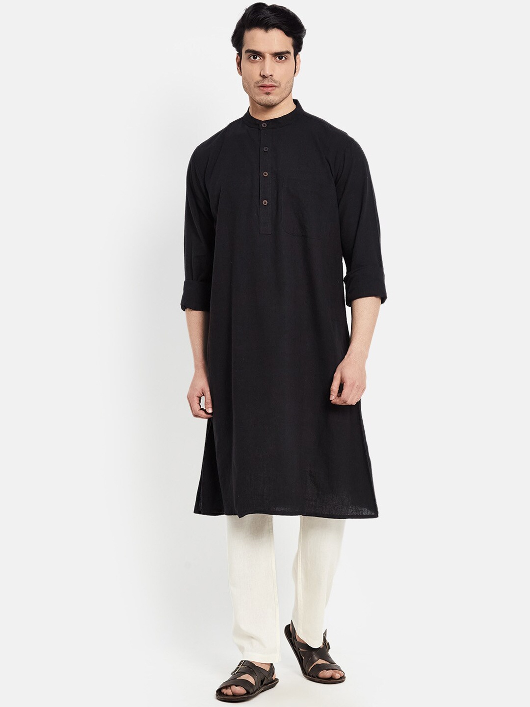 

Fabindia Men Black Flared Sleeves Thread Work Kurta