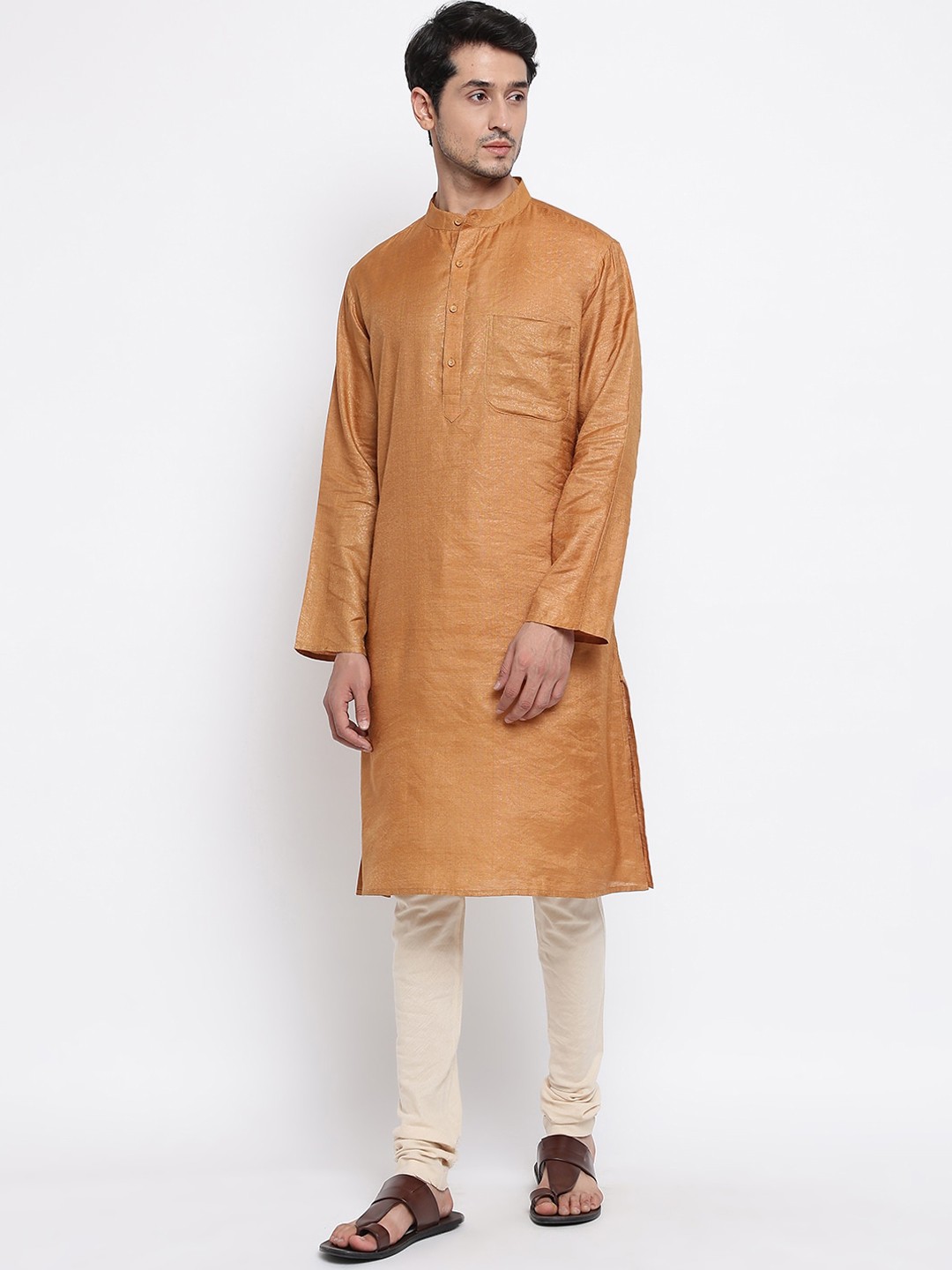 

Fabindia Men Yellow Solid Long Straight Kurta
