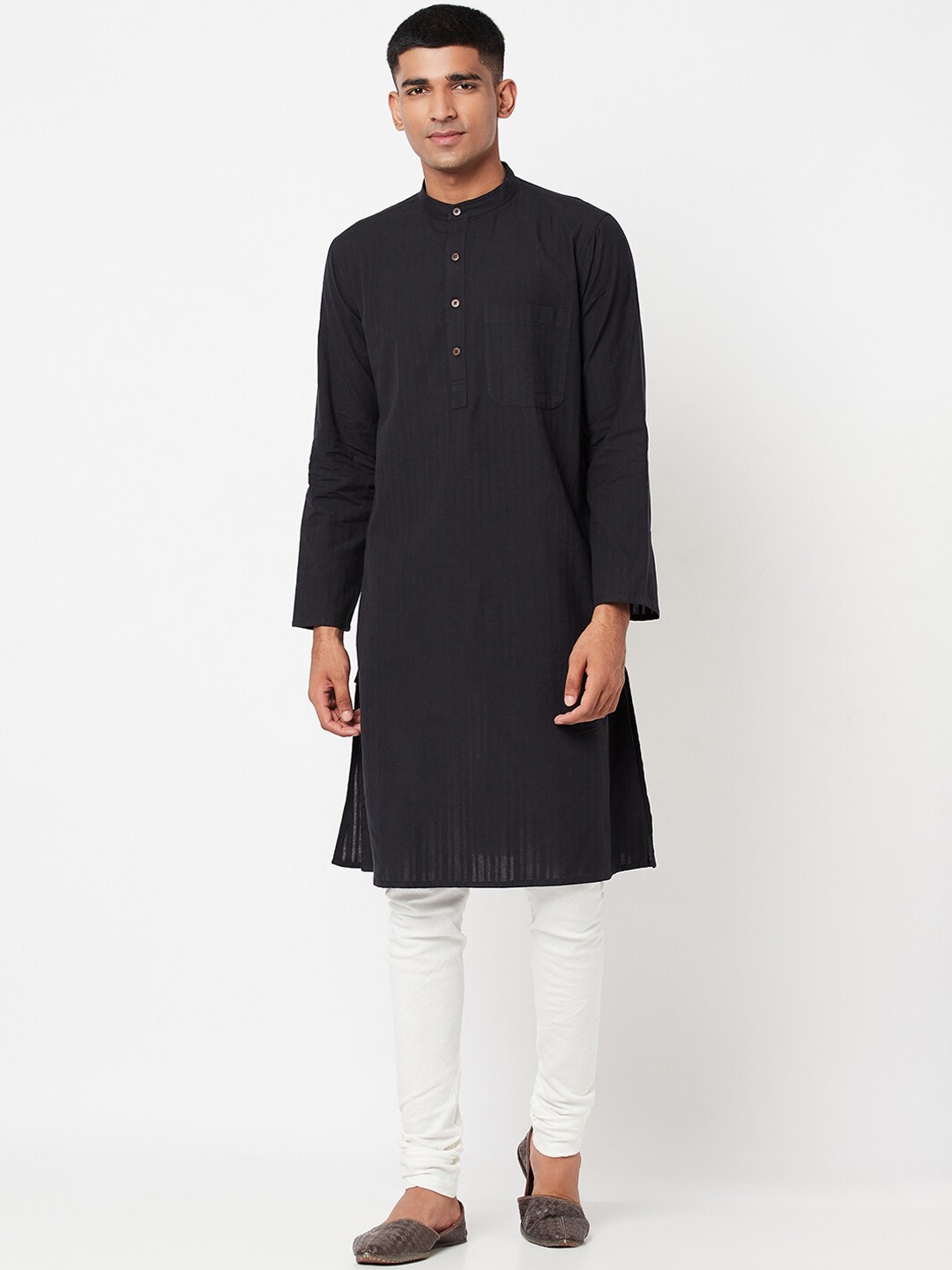 

Fabindia Men Cotton Comfort Fit Black Solid Long Kurta