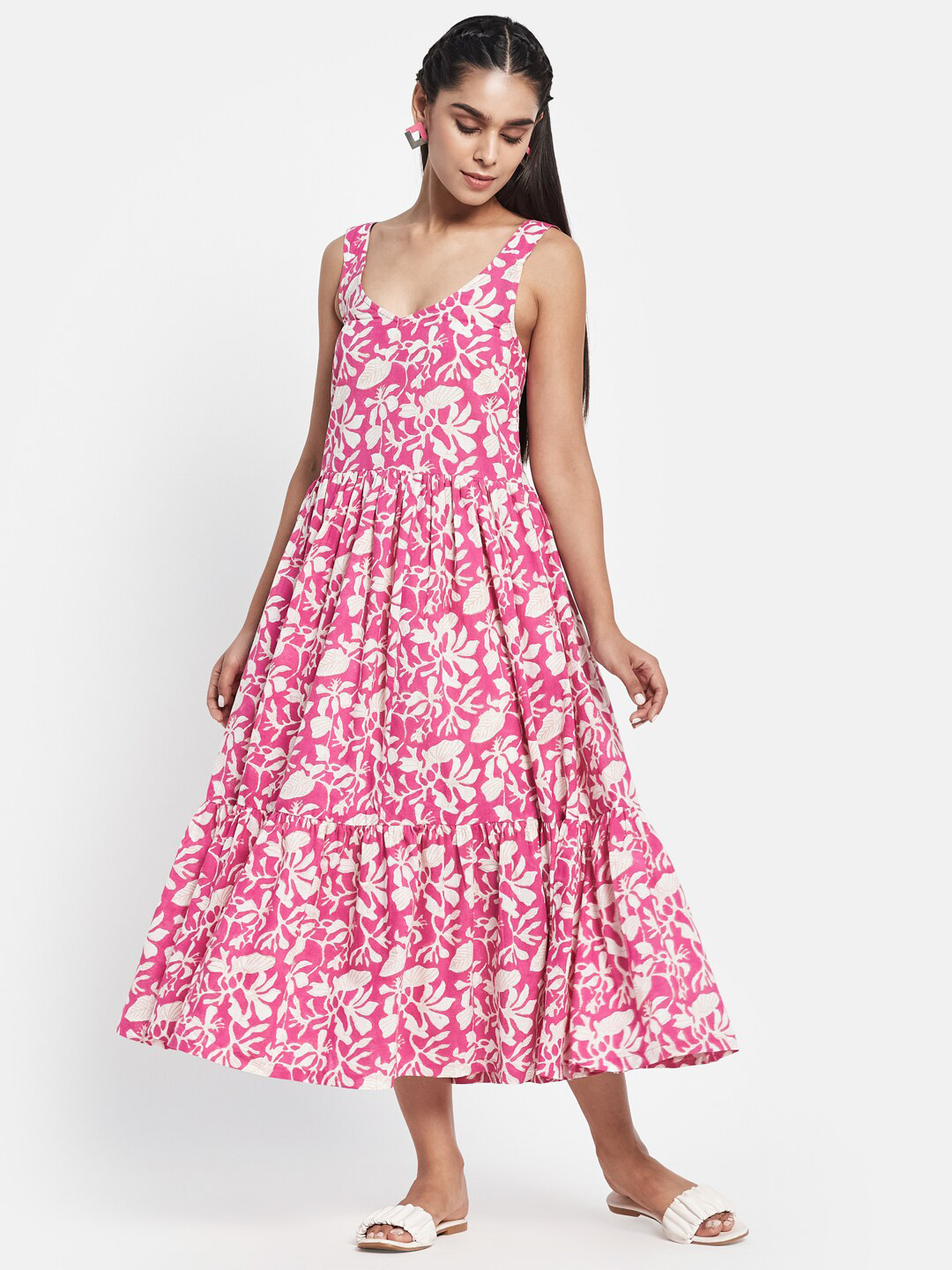 

Fabindia Pink Floral Tiered Cotton Midi Dress