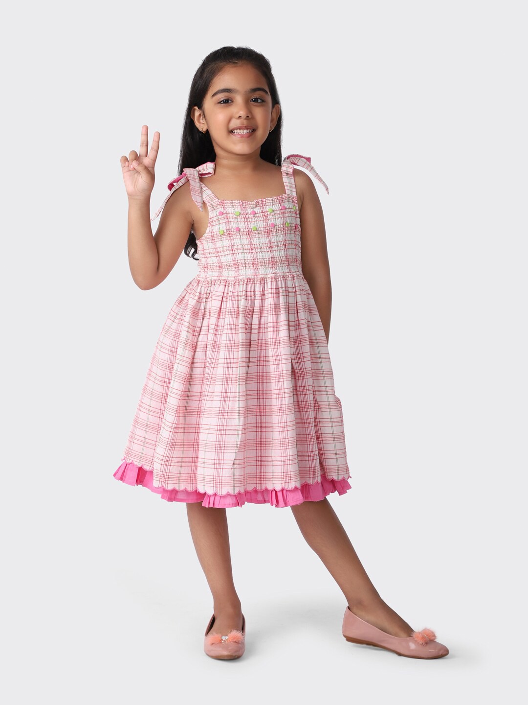 

Fabindia White & Pink Checked Cotton Midi Dress