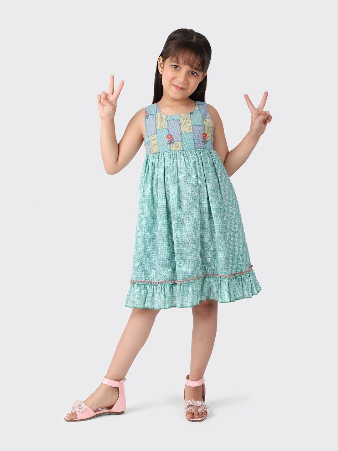 

Fabindia Kids girls Cotton Teal Floral A-Line Dress