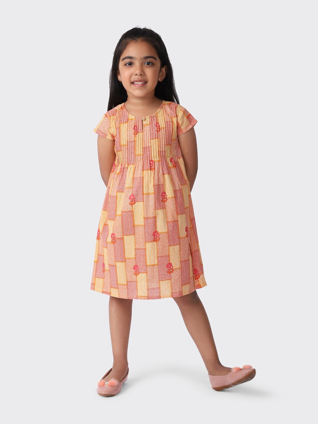 

Fabindia Kids girls Cotton Printed Orange Knee Length Dress