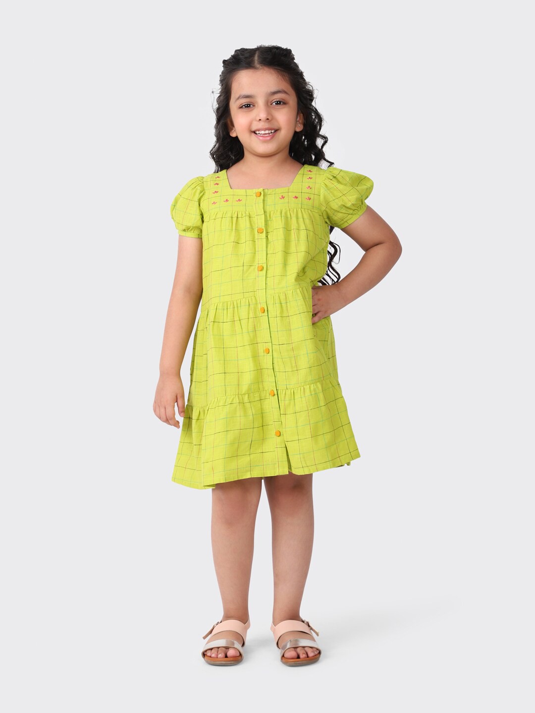 

Fabindia Kids girls Green A-Line Cotton Checks Green Knee Length Dress