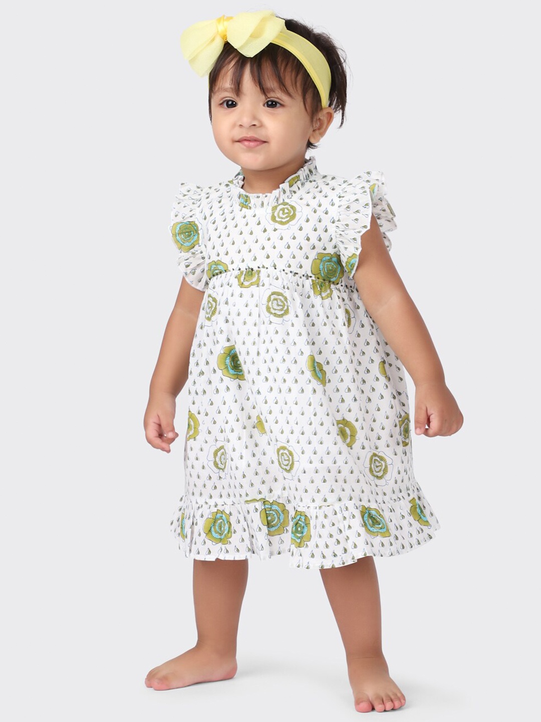 

Fabindia White & Green Printed Cotton Fit and Flare Dress