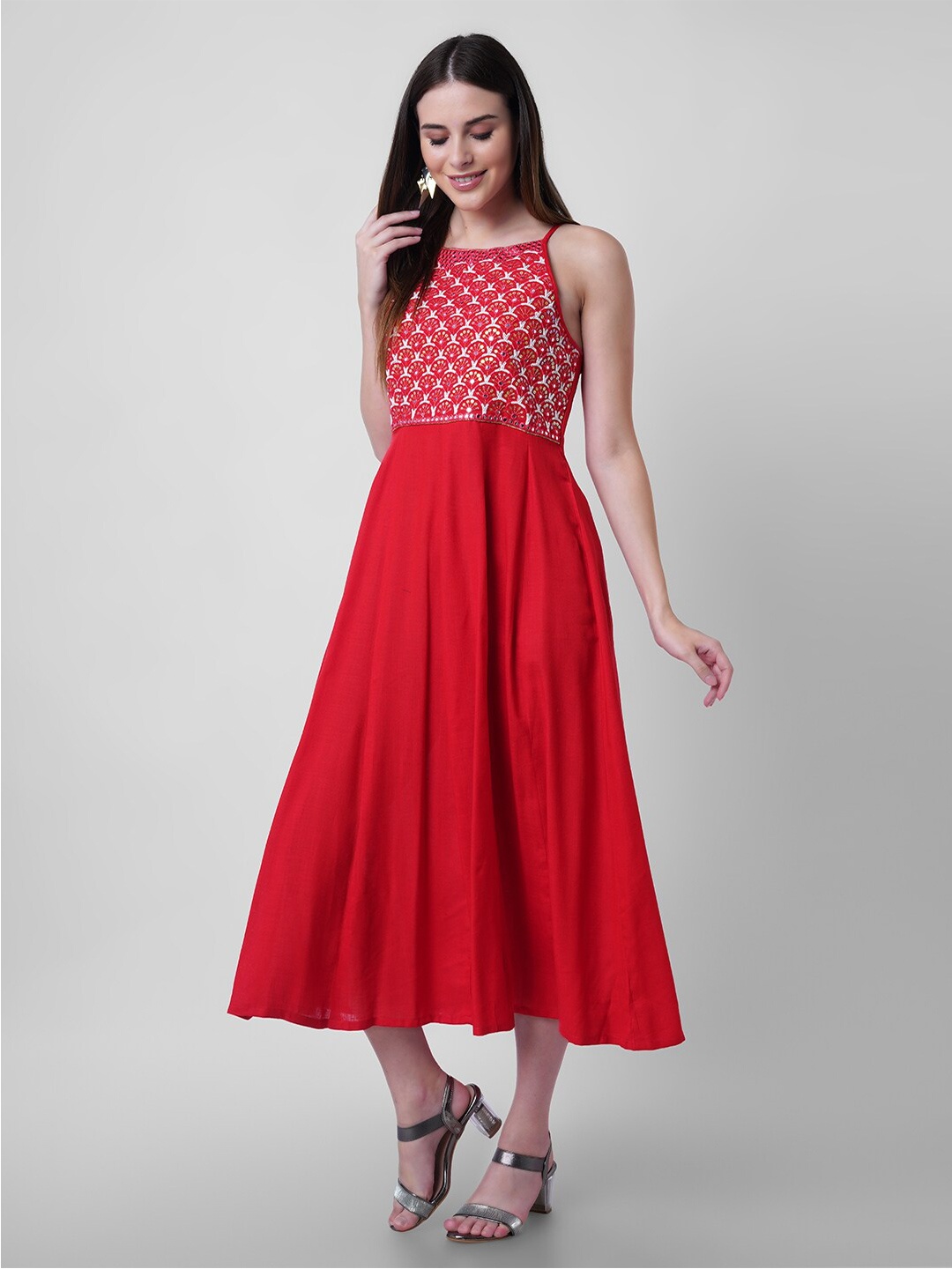 

NITVAN Woman Red Ethnic Motifs Halter Neck Midi Dress