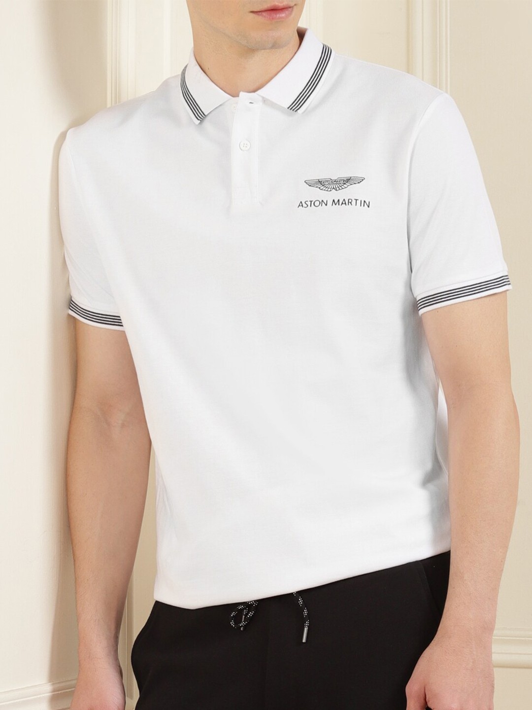 

HACKETT LONDON Men White Brand Logo Polo Collar Pure Cotton Raw Edge T-shirt