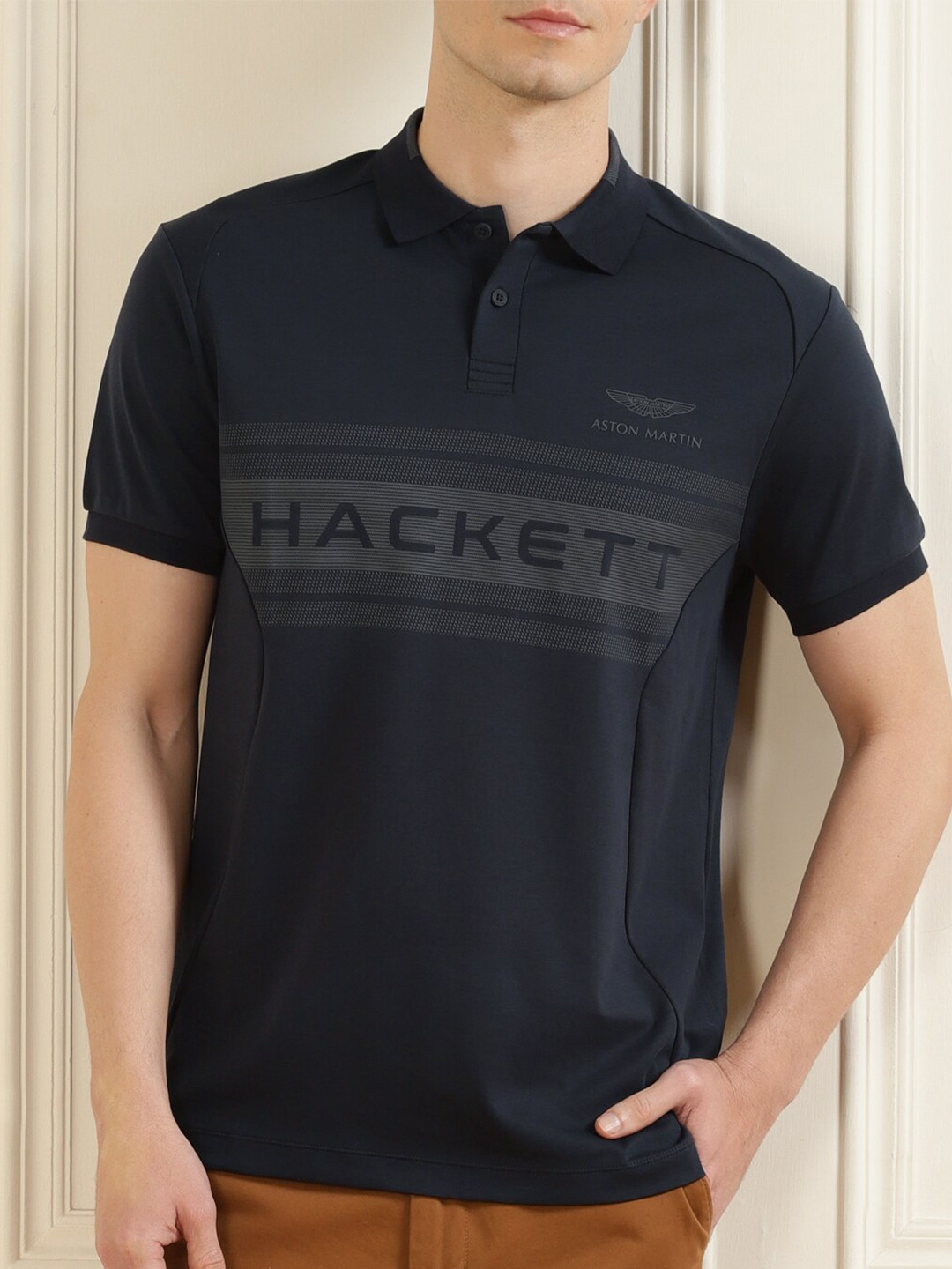 

HACKETT LONDON Men Navy Blue Typography Printed Polo Collar Pure Cotton T-shirt