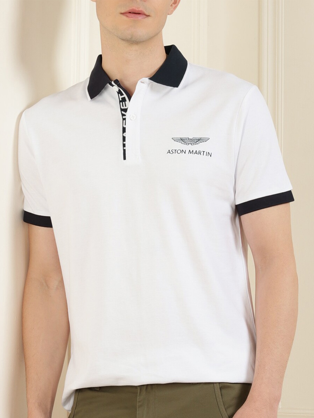 

HACKETT LONDON Men White & Black Polo Collar Pure Cotton T-shirt