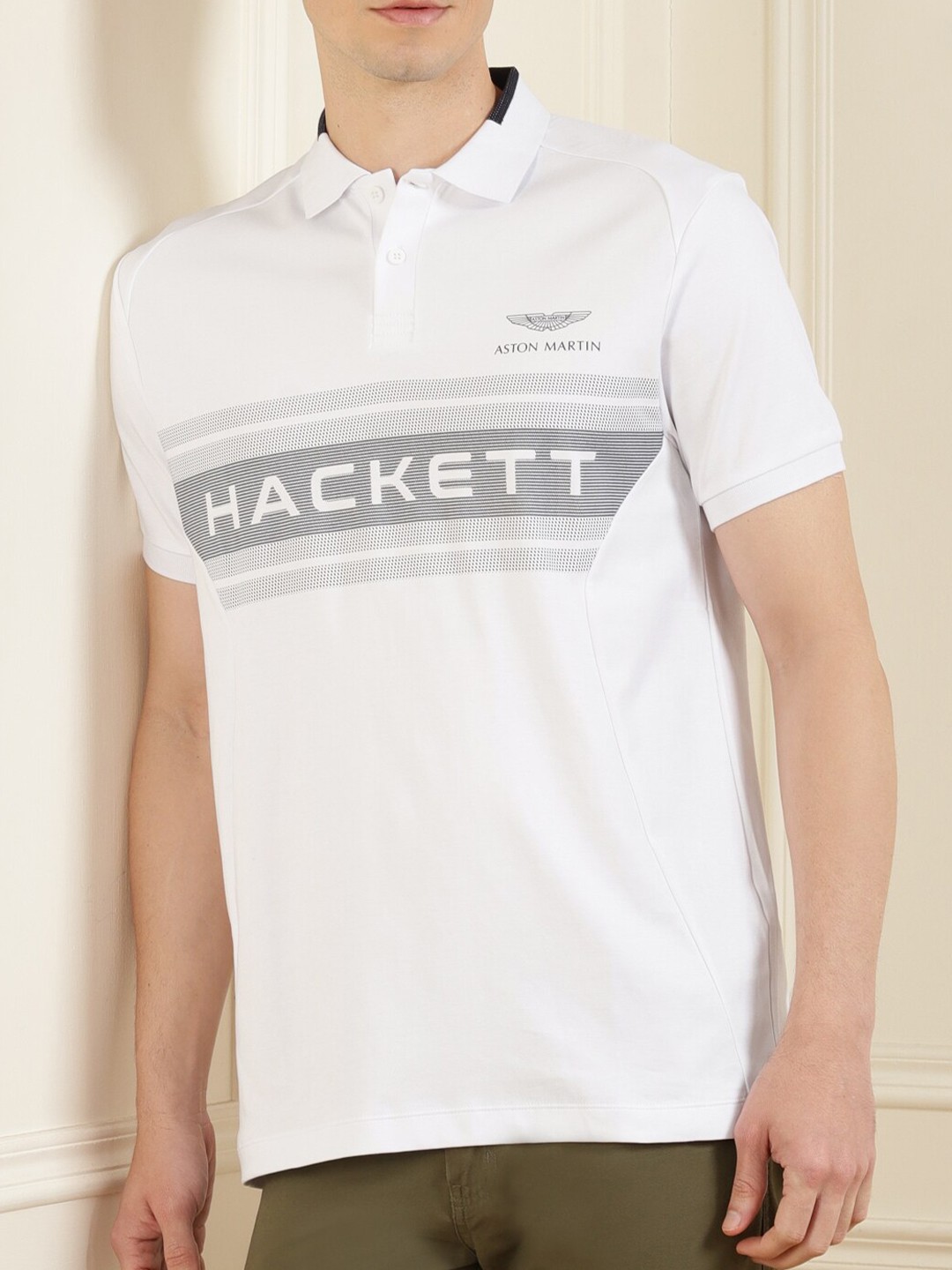 

HACKETT LONDON Men White & Grey Typography Printed Polo Collar Pure Cotton T-shirt