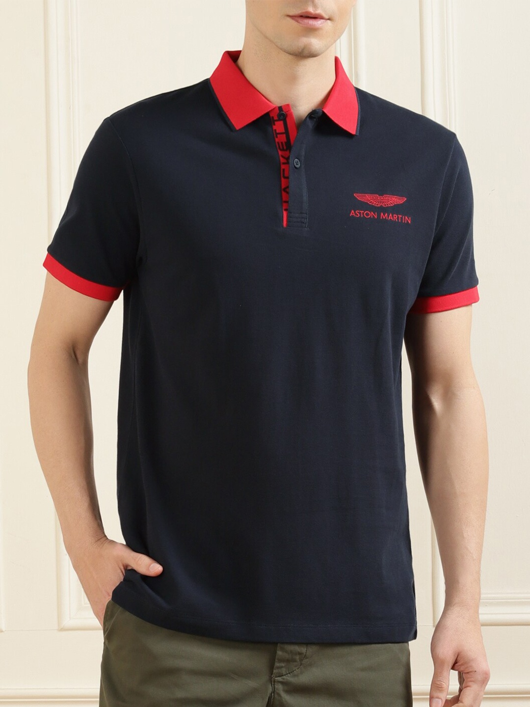 

HACKETT LONDON Men Navy Blue & Red Polo Collar Pure Cotton T-shirt
