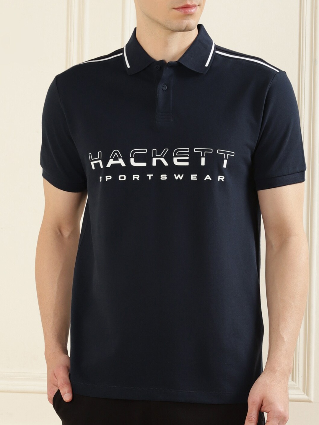 

HACKETT LONDON Men Navy Blue & White Typography Printed Polo Collar T-shirt