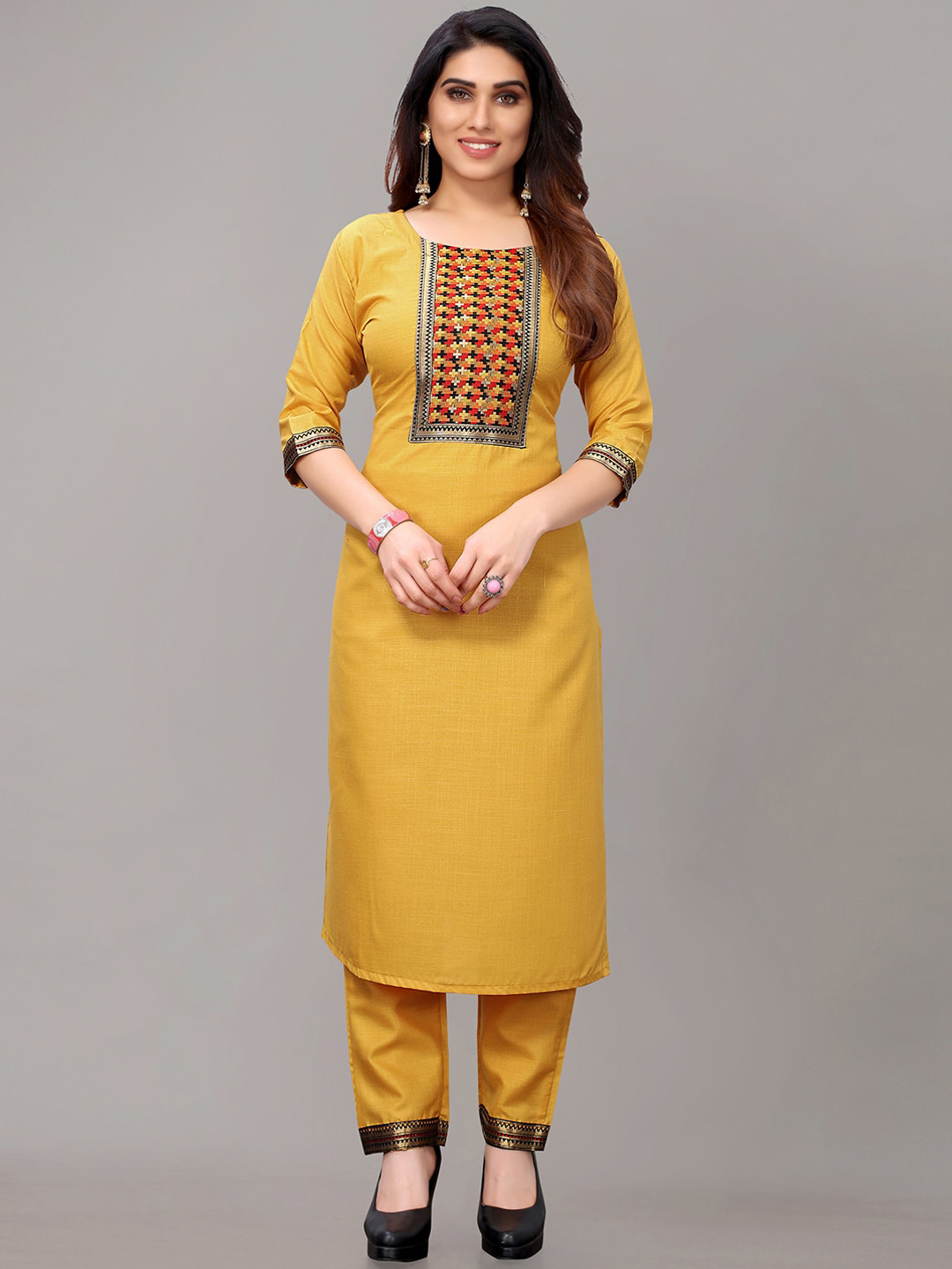 

AYKA CLOTHINGS Women Mustard Yellow Yoke Design Empire Patchwork Kurta with Trousers