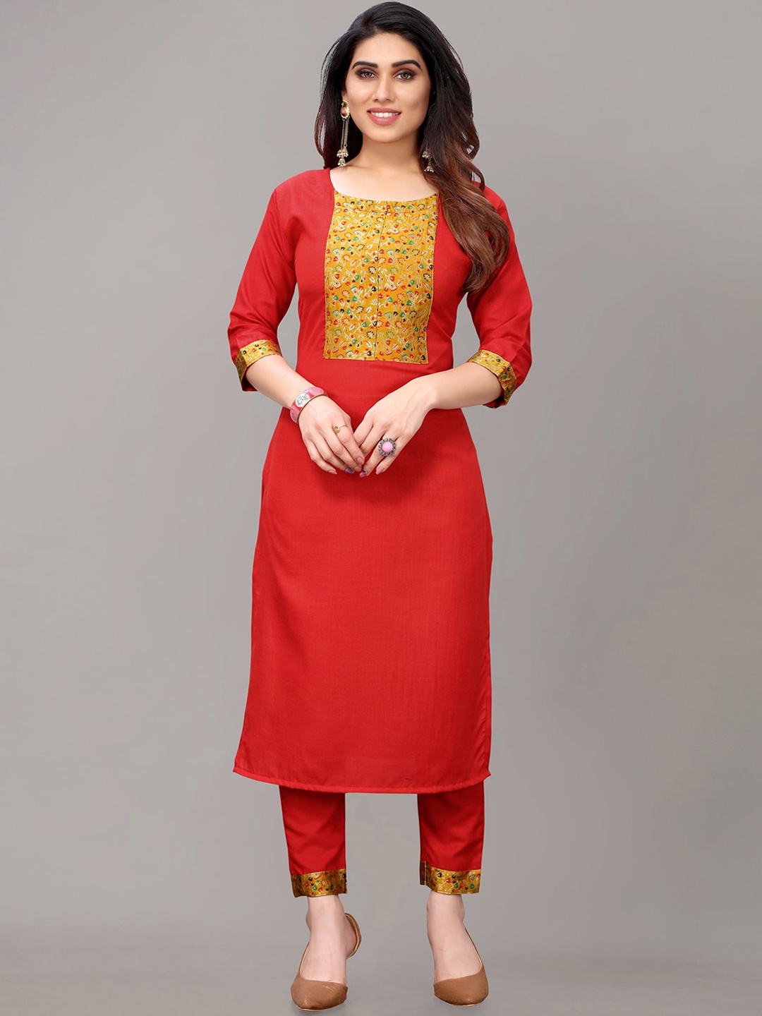 

AYKA CLOTHINGS Women Red Yoke Design Panelled Patchwork Kurta with Trousers