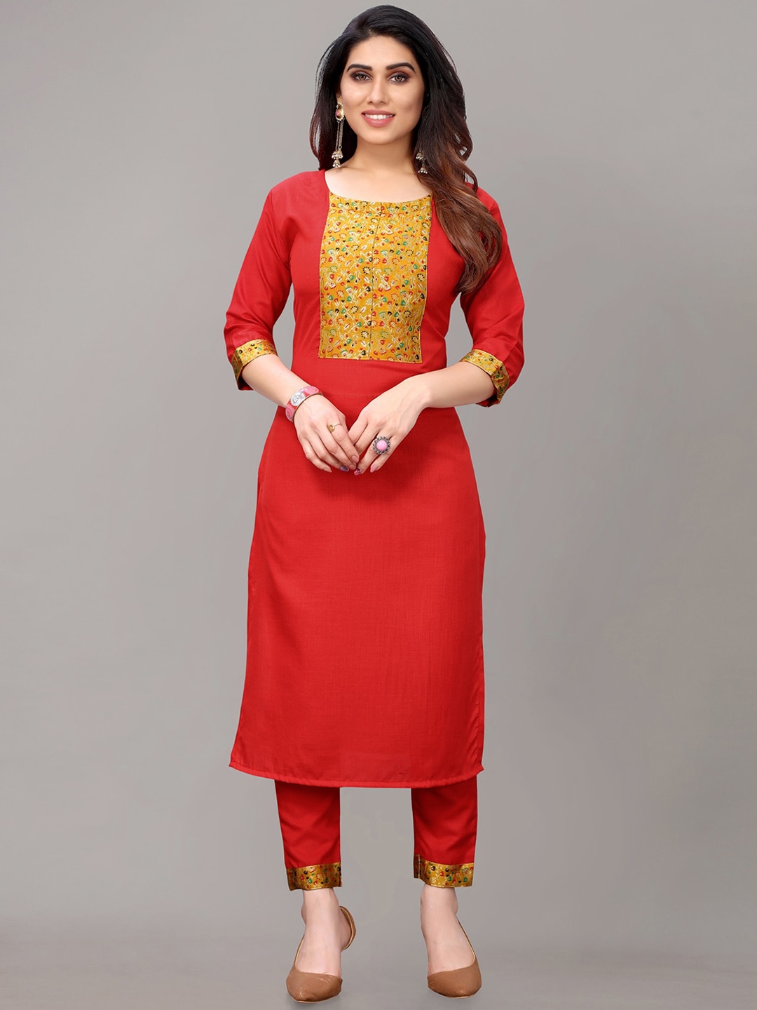 

AYKA CLOTHINGS Women Red Yoke Design Panelled Patchwork Kurta with Trousers