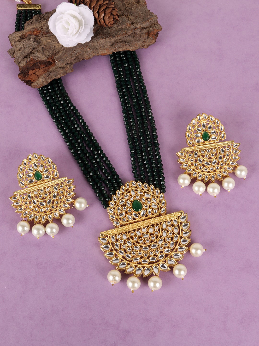 

JEWELS GEHNA Gold-Plated Green Emerald Beaded & White Kundan Studded Jewellery Set
