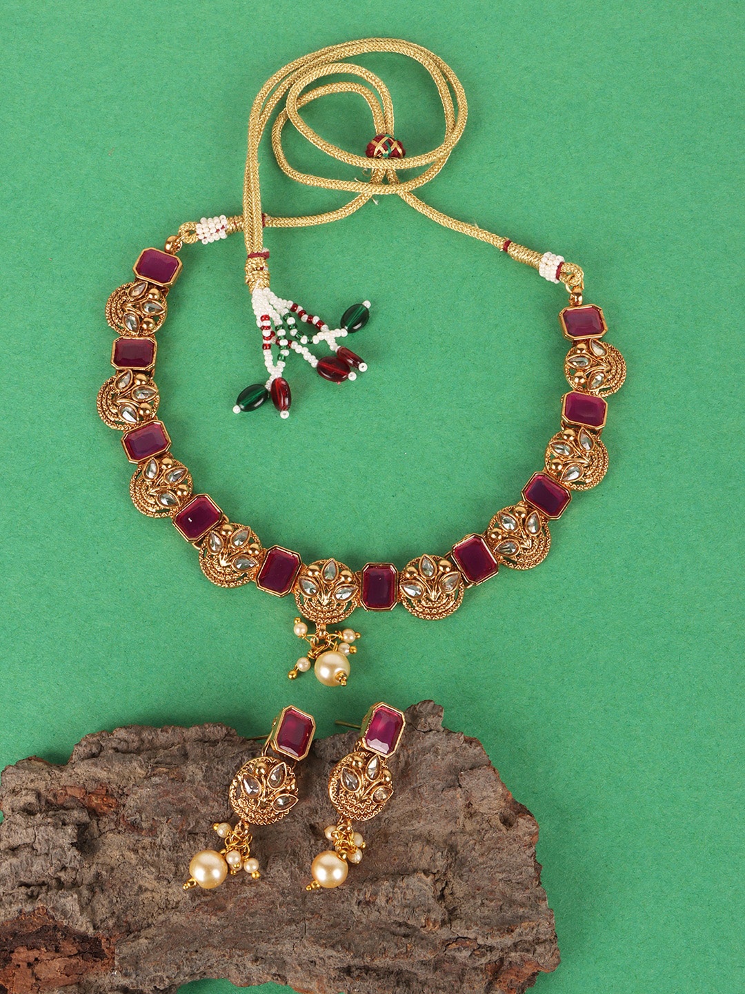 

JEWELS GEHNA Gold-Plated Magenta Stone-Studded Choker Set
