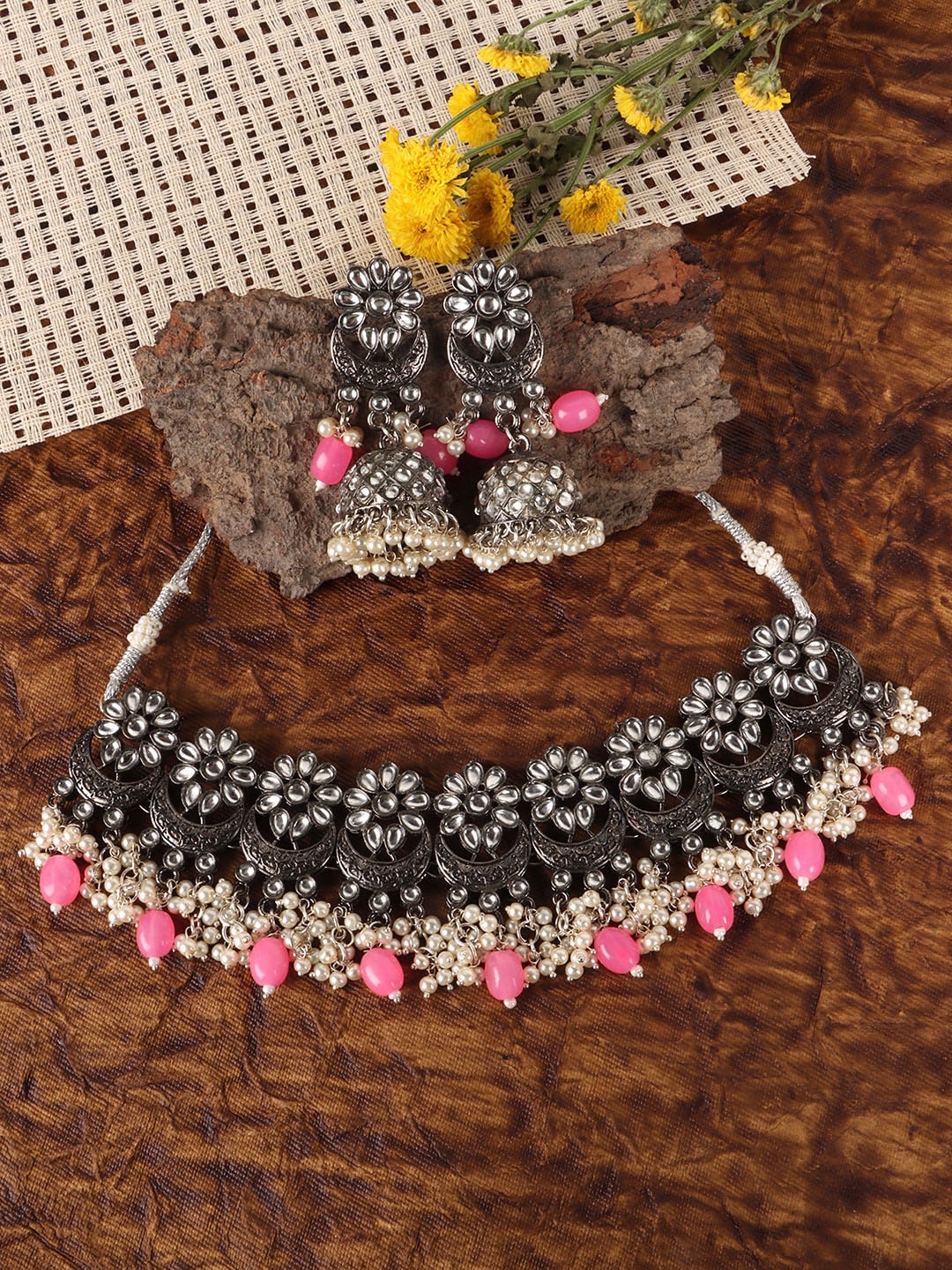 

JEWELS GEHNA Rhodium-Plated Silver-Toned Pink Stone Studded & Beaded Jewellery Set
