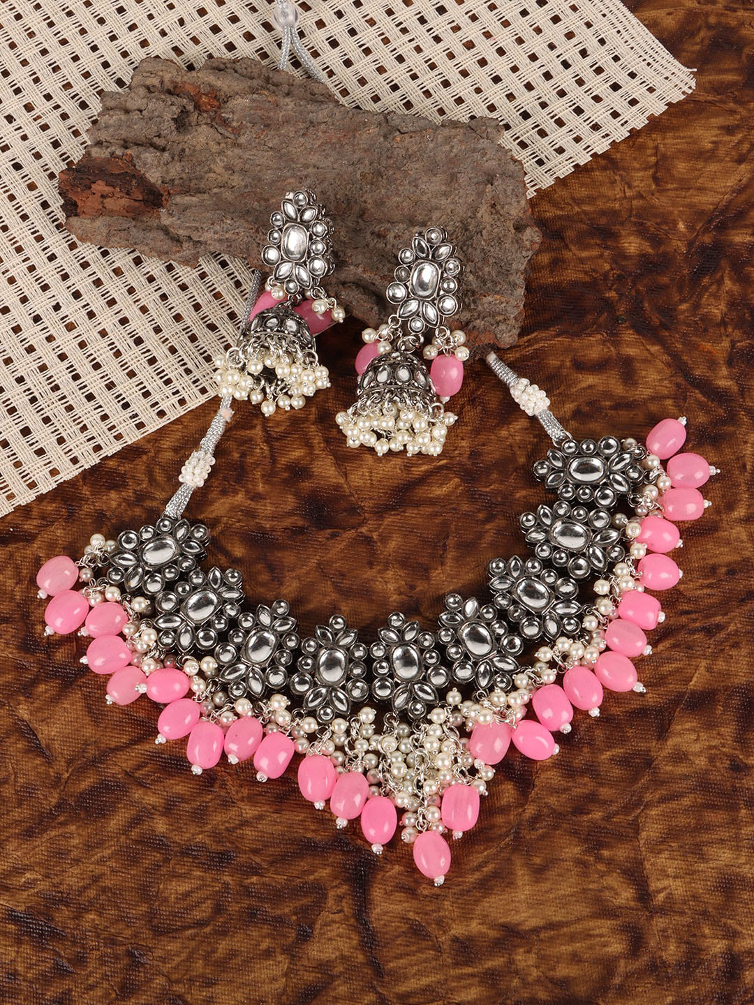 

JEWELS GEHNA Women Rhodium-Plated Silver Toned Pink Stone Studded & Beaded Jewelry Set