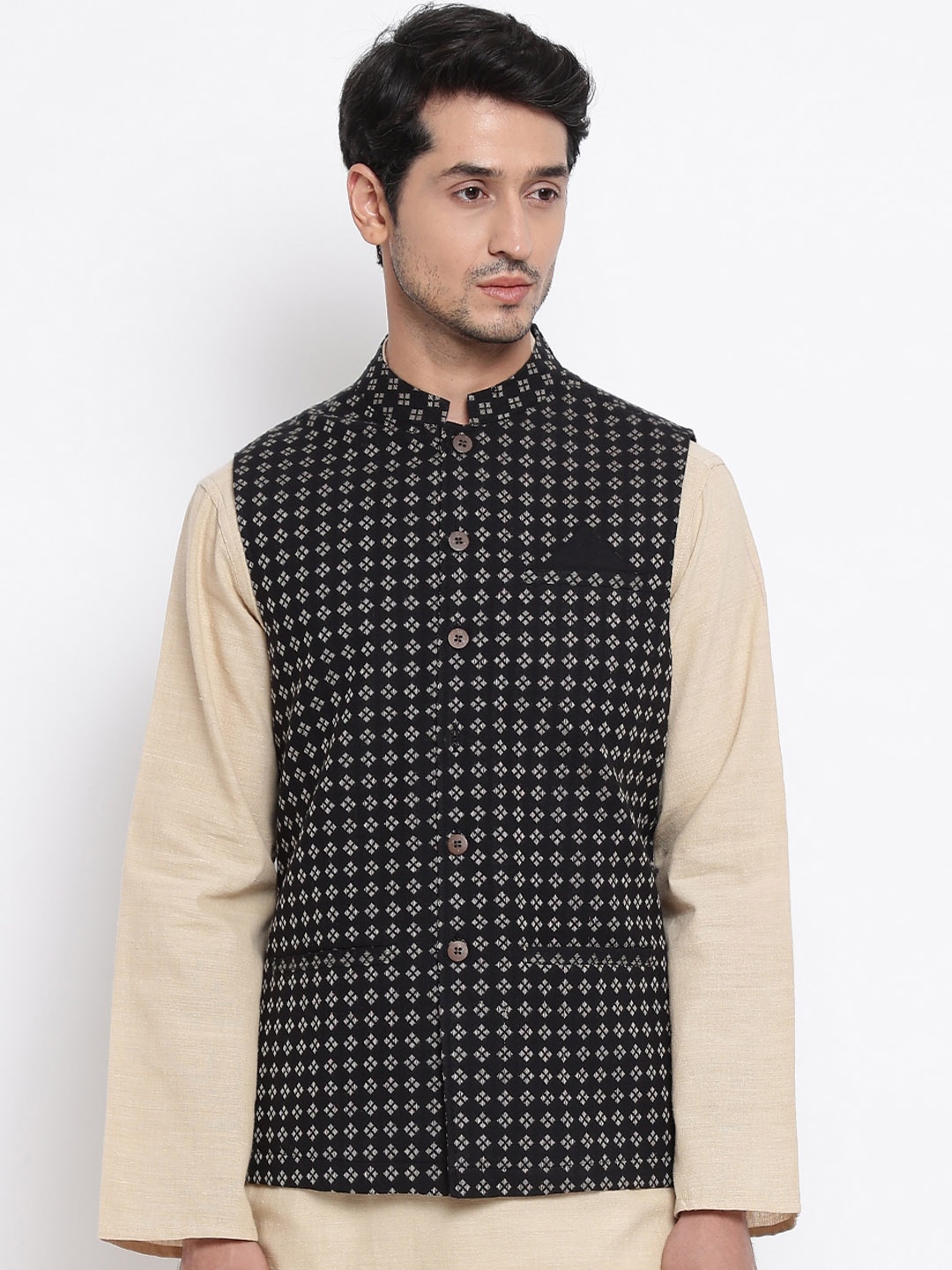 

Fabindia Men Black Printed Woven Design Nehru Jackets