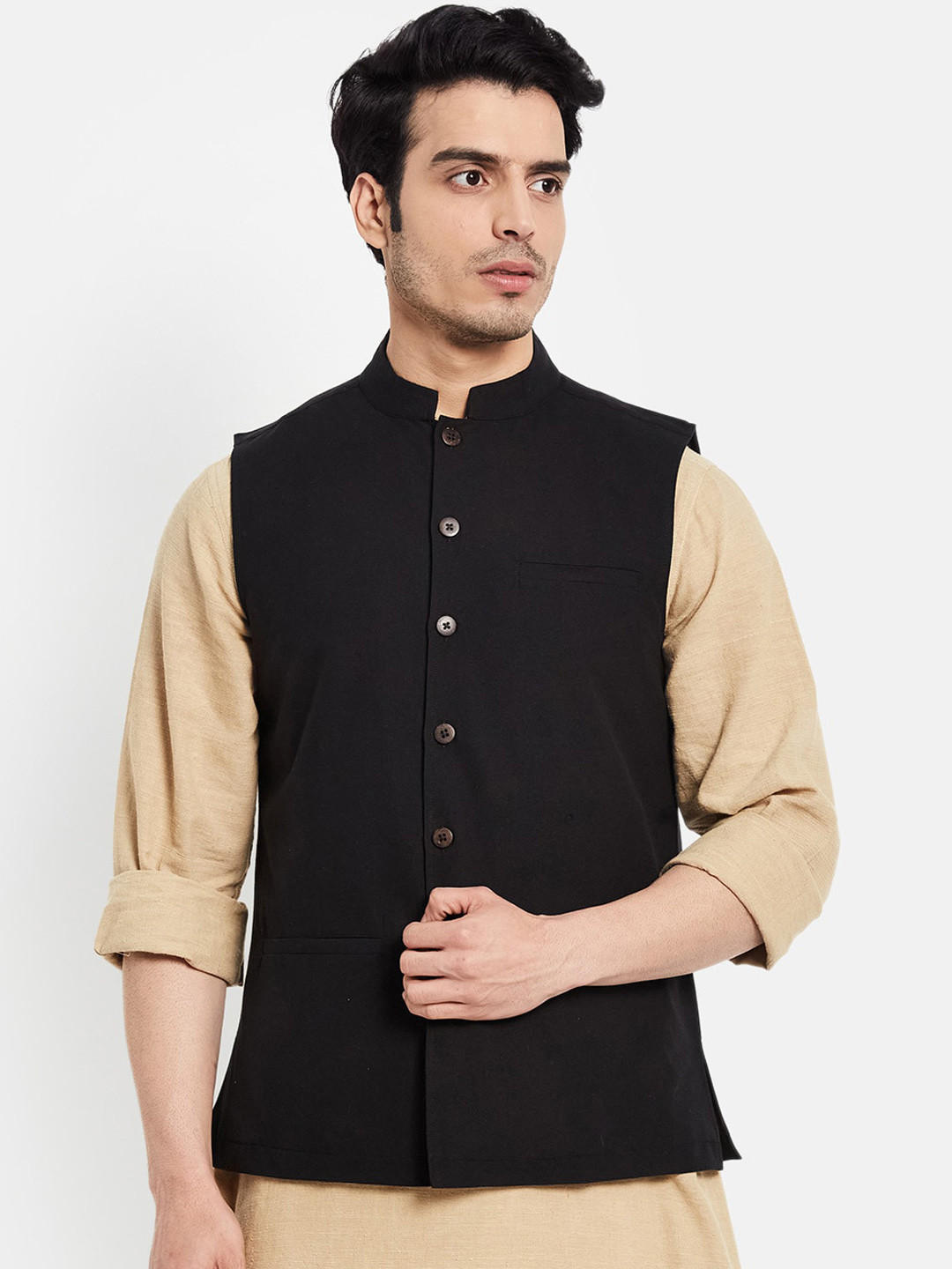 

Fabindia Men Black Solid Pure Cotton Nehru Jackets