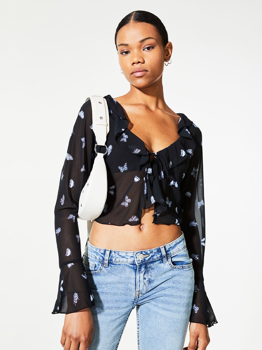 

H&M Women Black Printed Flounce-Trimmed Chiffon Blouse
