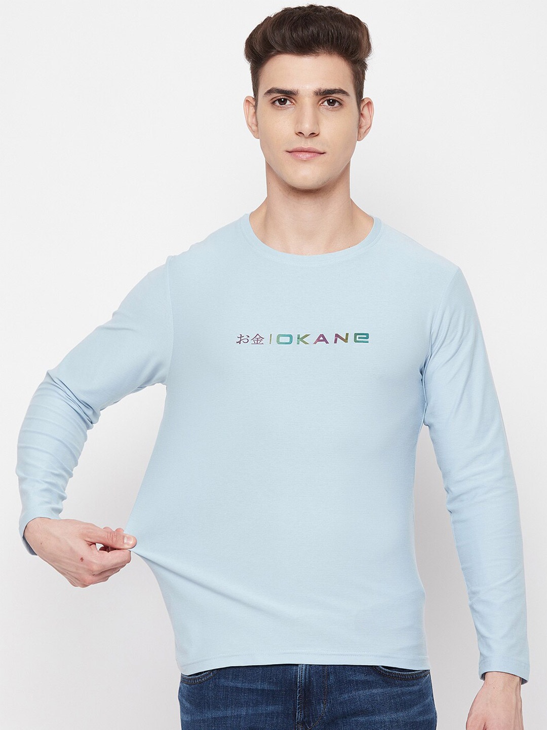 

Okane Men Blue Typography Printed T-shirt
