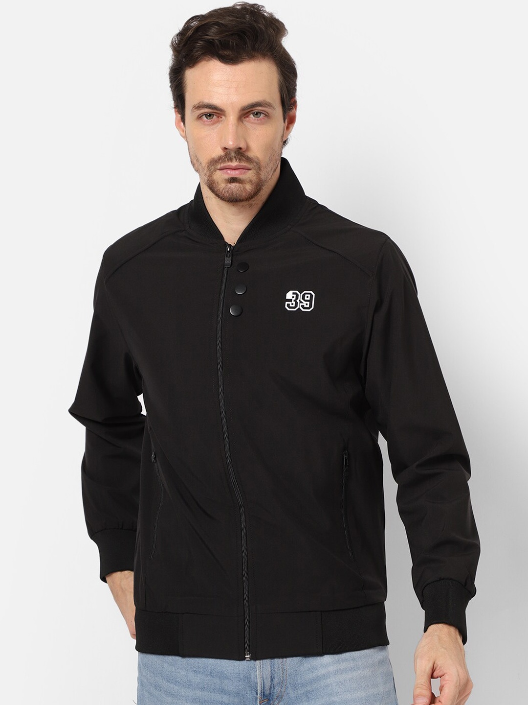 

39 Threads Men Black Windcheater Outdoor Bomber with Patchwork Jacket