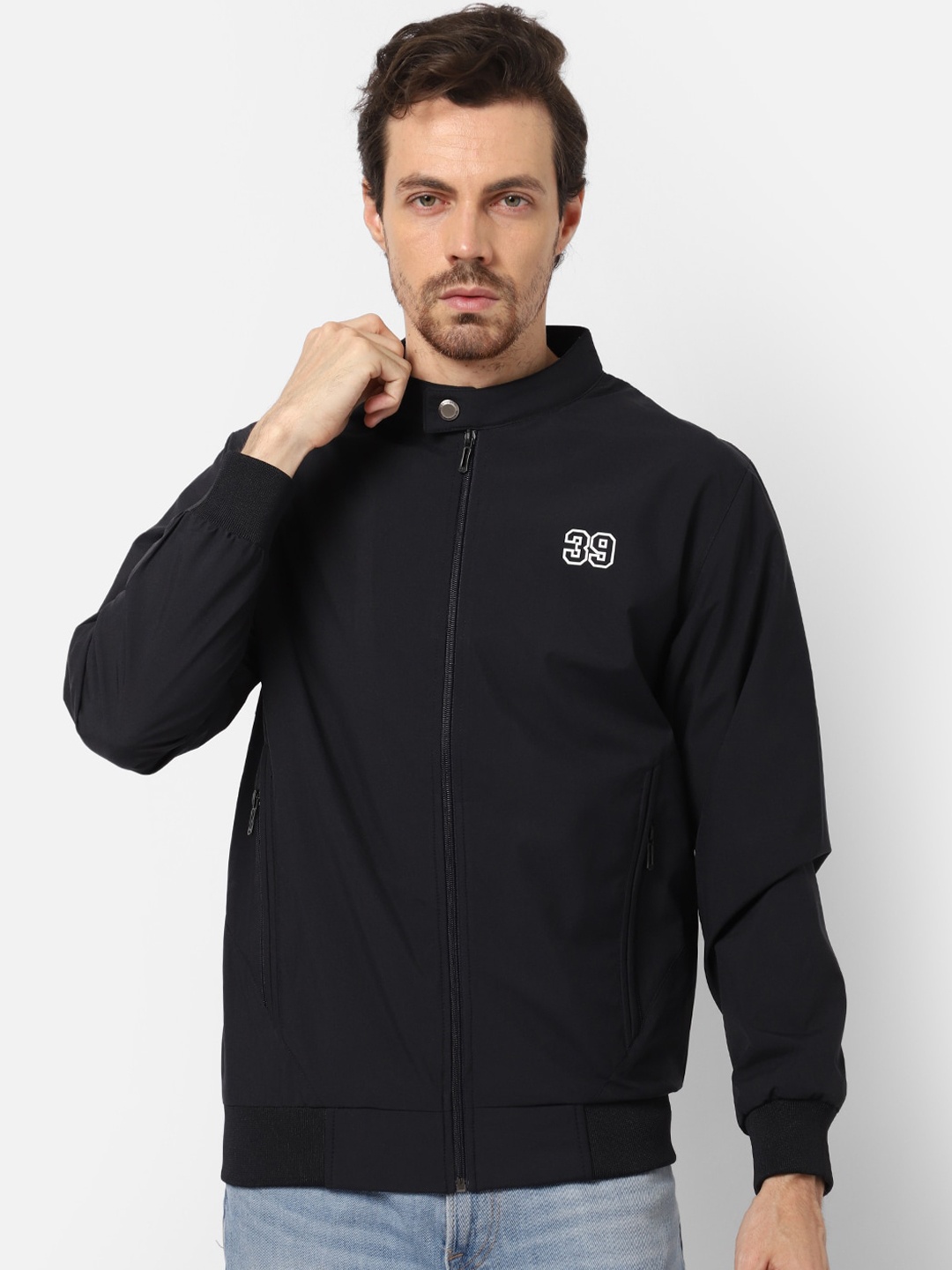 

39 THREADS Men Navy Blue Windcheater Rapid Dry Outdoor Bomber with Patchwork Jacket