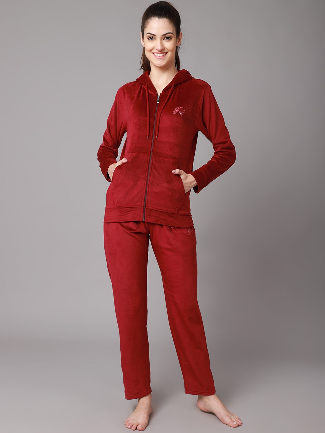 

ANTI CULTURE Women Maroon Solid Velvet Tracksuit