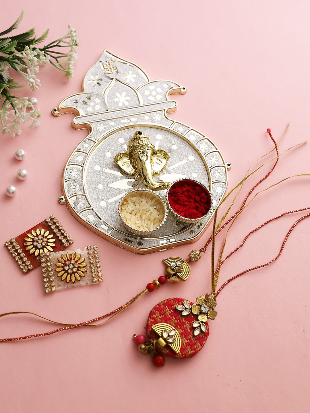 

Aapno Rajasthan Red Kalash Motif Stylish Roli Chawal Thali With Bhaiya Bhabhi Rakhi