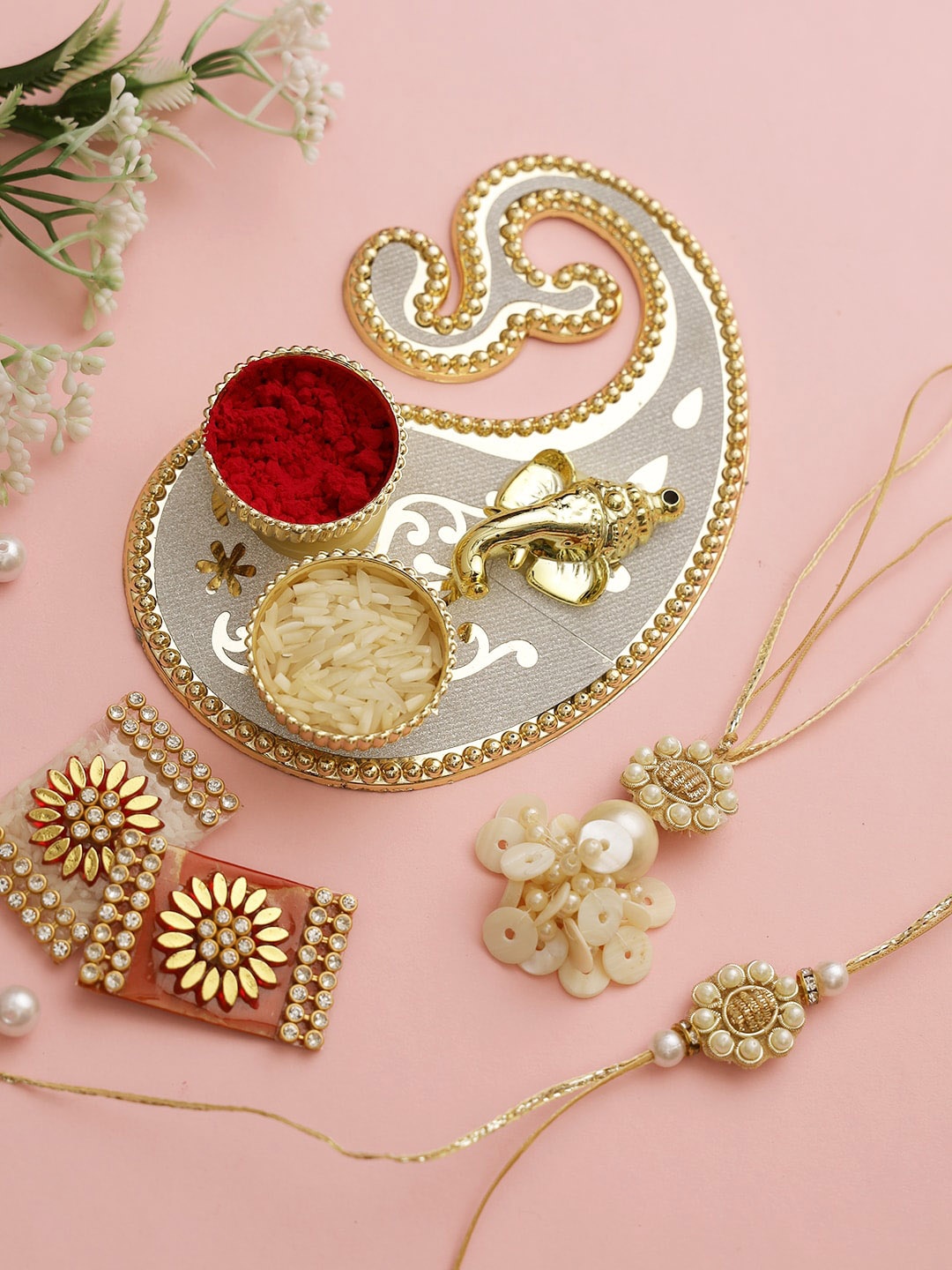 

Aapno Rajasthan Set of 2 Bhaiya Bhabhi Rakhi With Thali, Silver