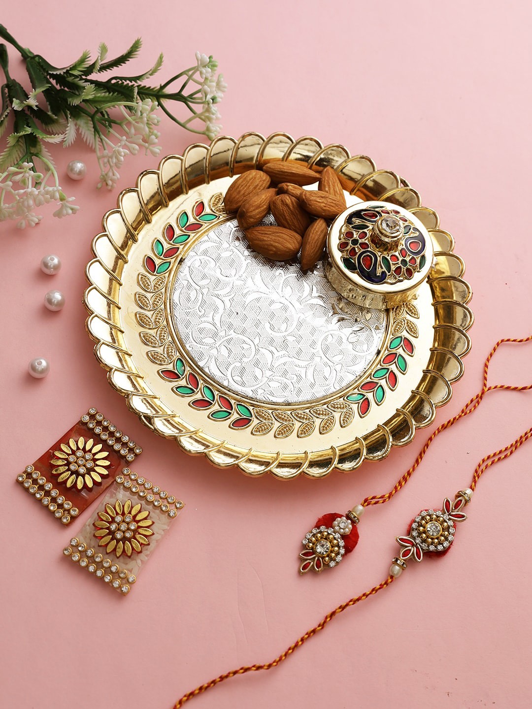 

Aapno Rajasthan Unisex Set of 2 Gold-Plated Red & White Stone Studded Bhaiya Bhabhi Rakhi