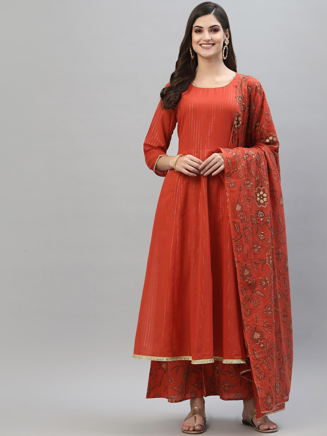 

Stylum Women Orange Floral Pleated Gotta Patti Pure Cotton Kurta with Sharara & With Dupatta