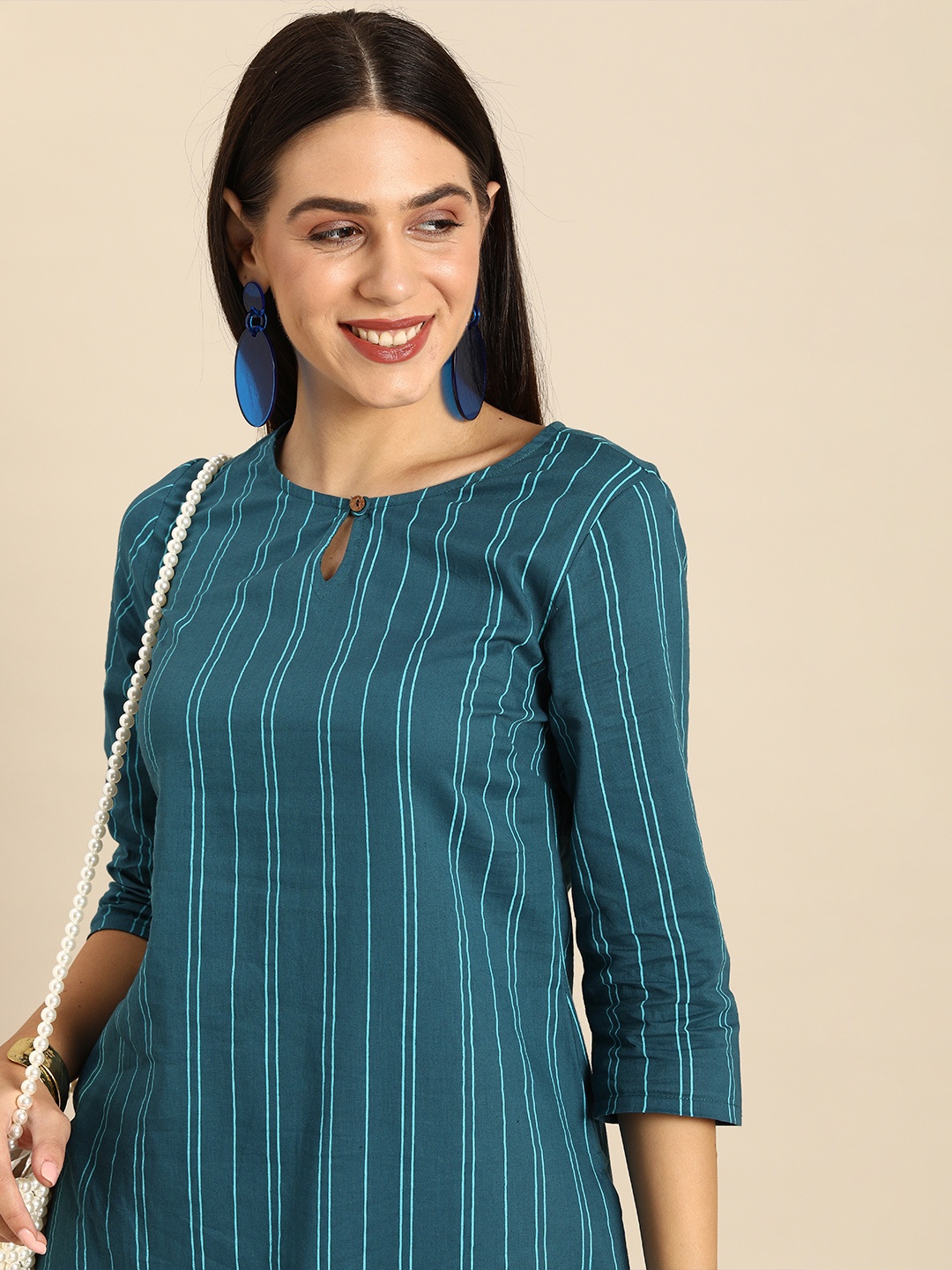 

Anouk Women Blue Striped Keyhole Neck Kurta