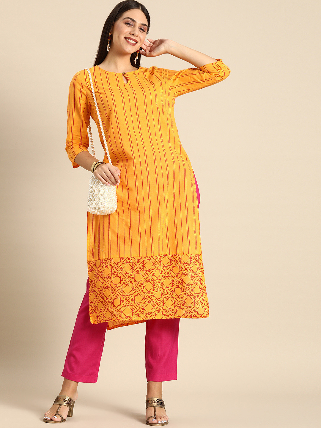 

Anouk Women Mustard Yellow & Red Striped Keyhole Neck Pure Cotton Kurta