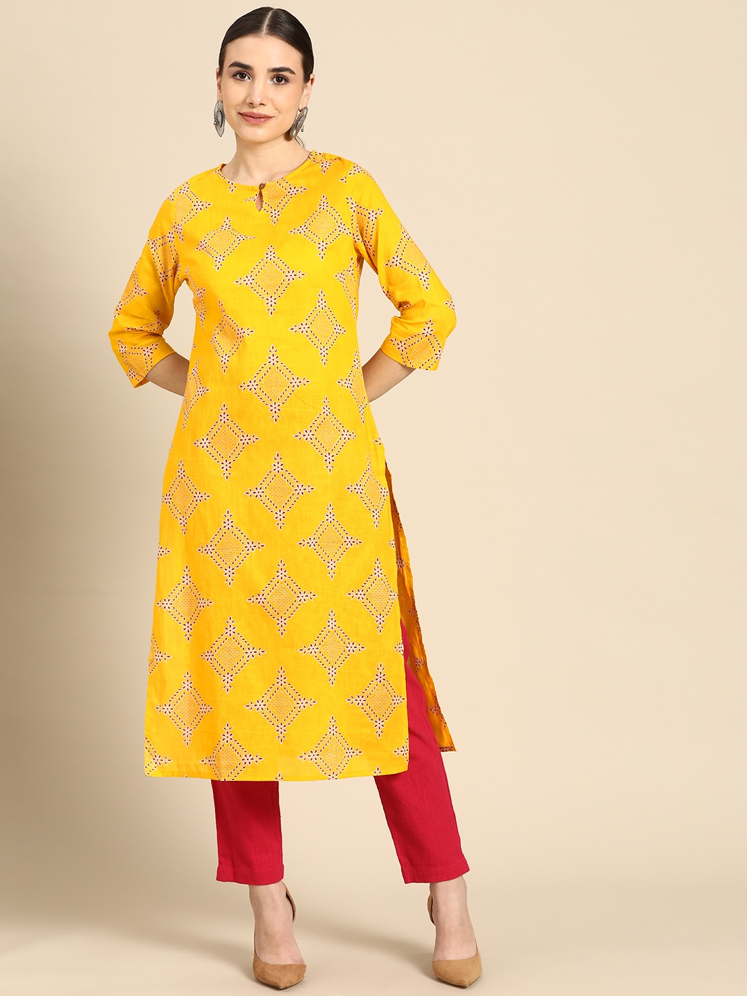 

Anouk Women Yellow & Maroon Ethnic Motifs Printed Kurta