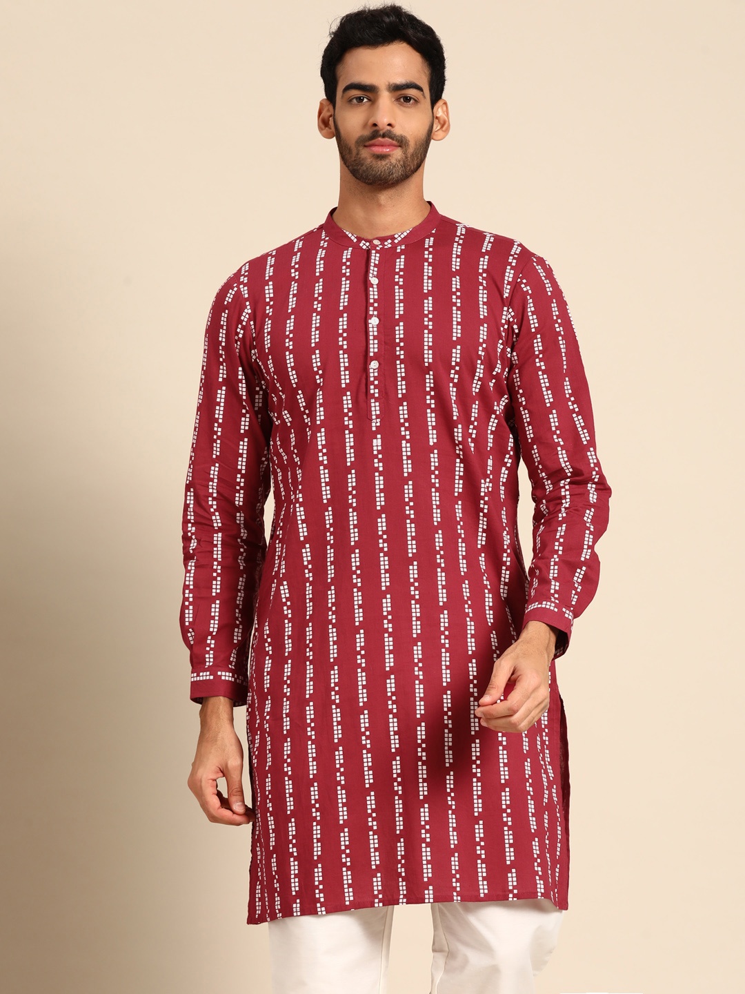 

Anouk Men Red & White Pure Cotton Geometric Printed Kurta