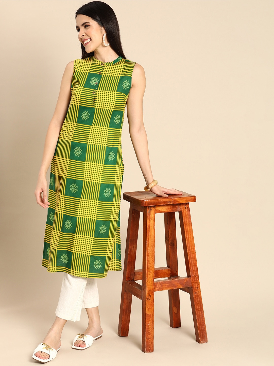 

Anouk Women Checked & Ethnic Motifs Print Band Collar Pure Cotton Straight Kurta, Green