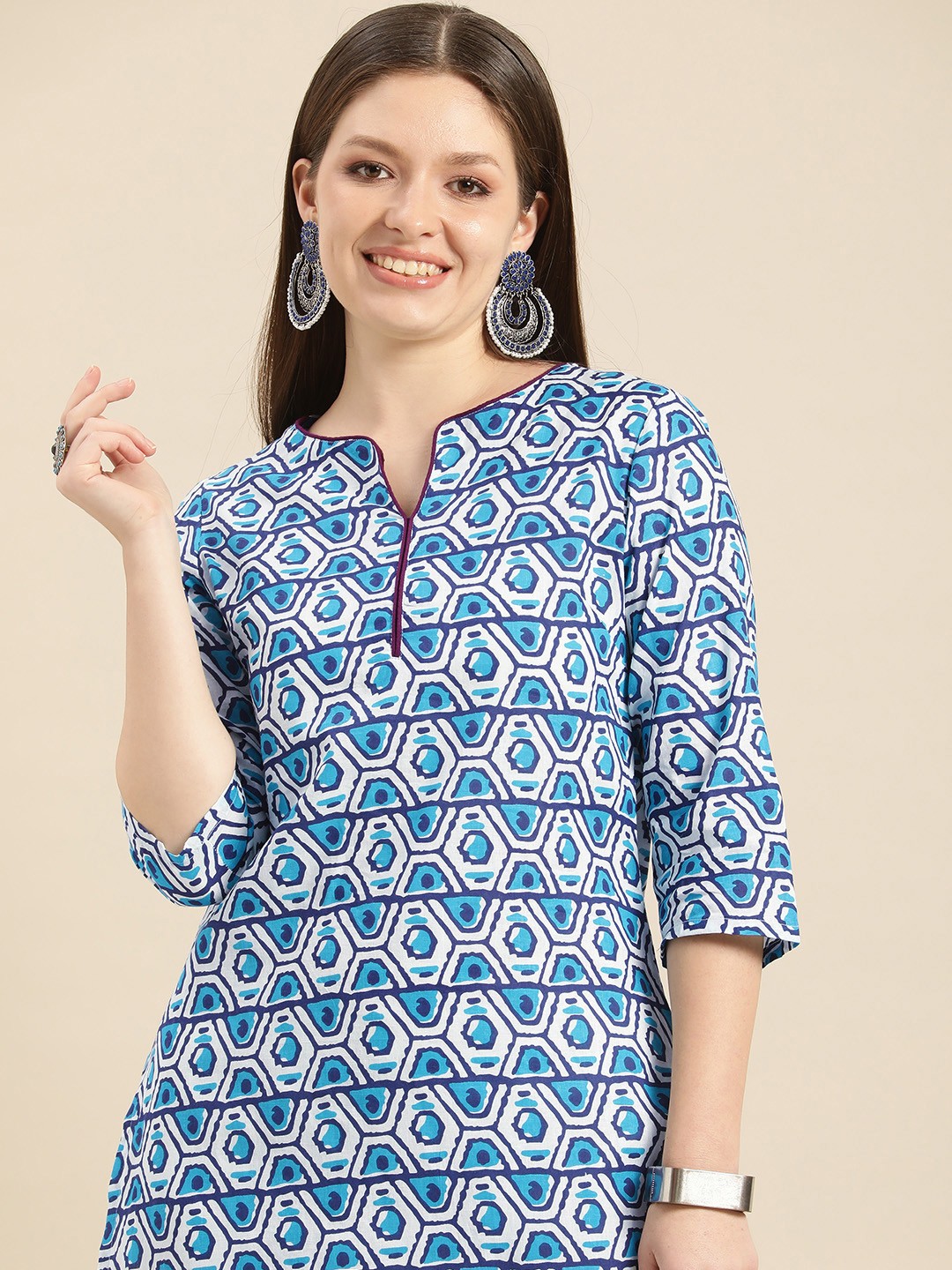 

Anouk Women Blue & White Ethnic Motifs Printed Pure Cotton Kurta