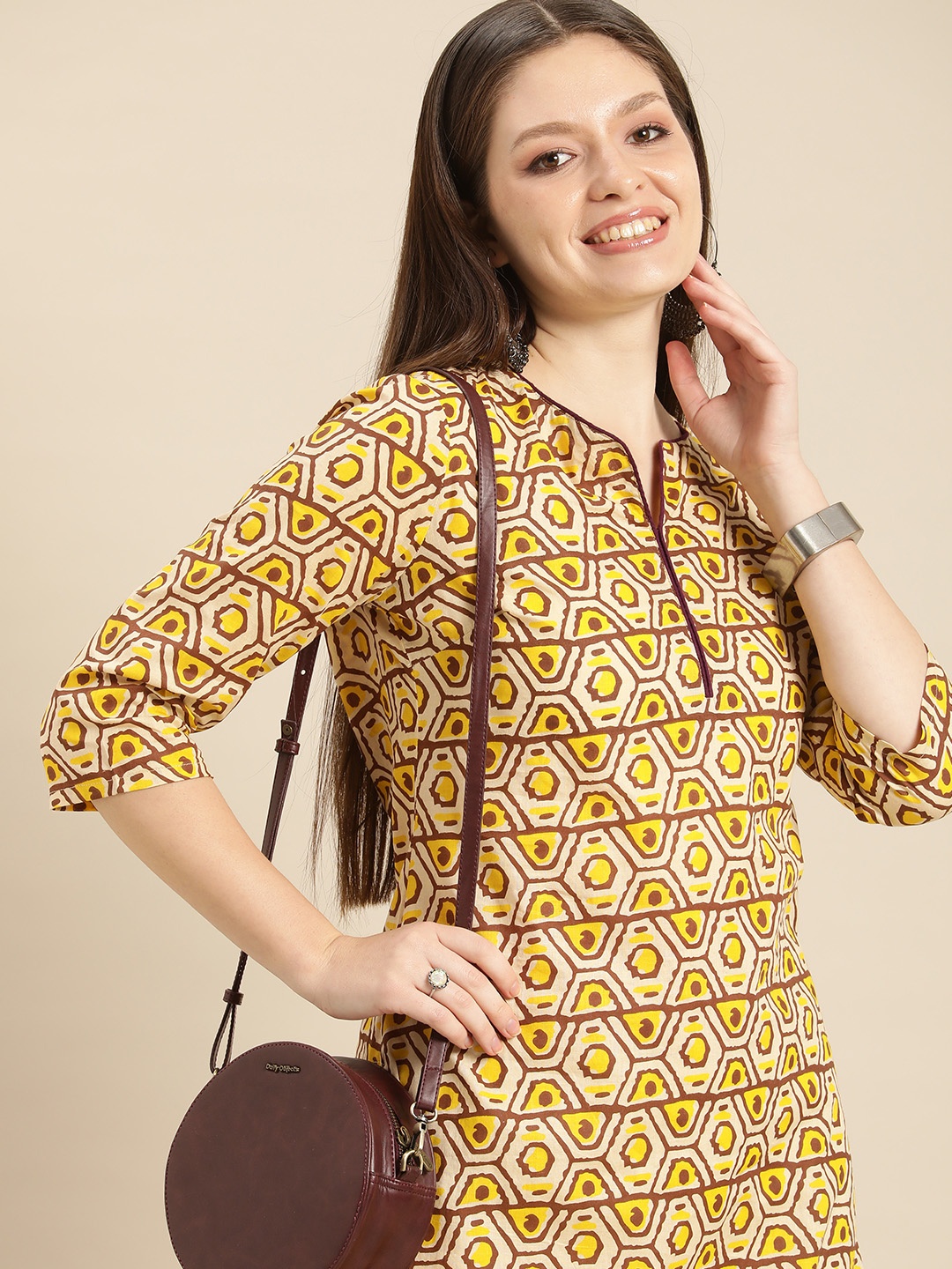 

Anouk Women Yellow & Brown Printed Pure Cotton Kurta