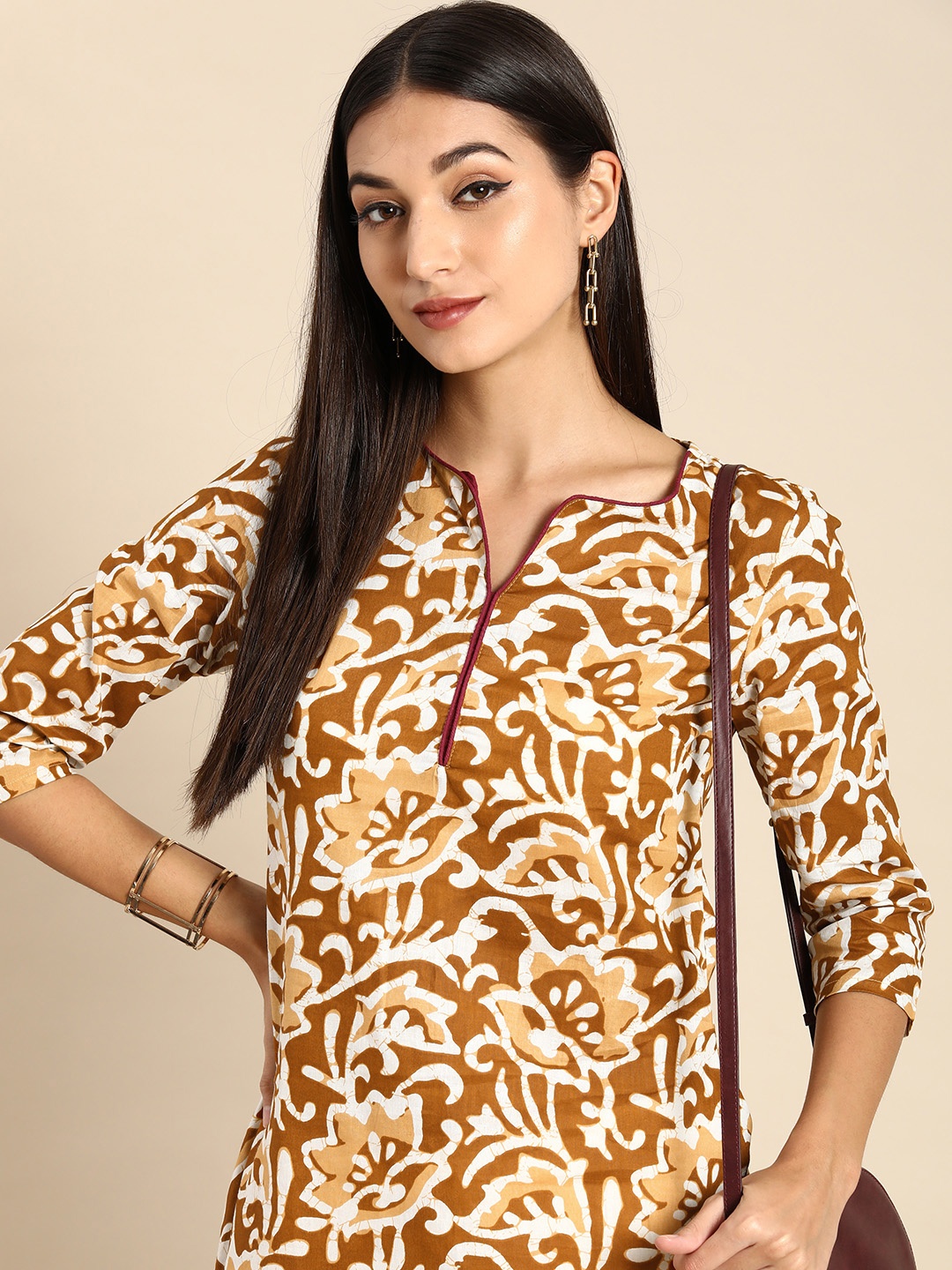 

Anouk Women Brown & White Ethnic Motifs Printed Pure Cotton Kurta