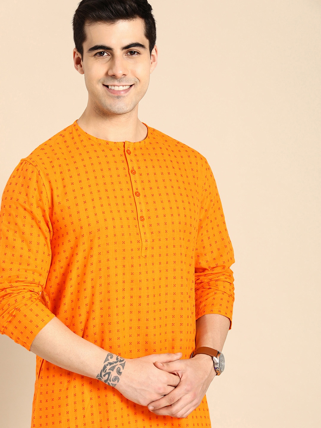 

Anouk Men Mustard Yellow & Red Ethnic Motifs Embroidered Thread Work Pure Cotton Kurta