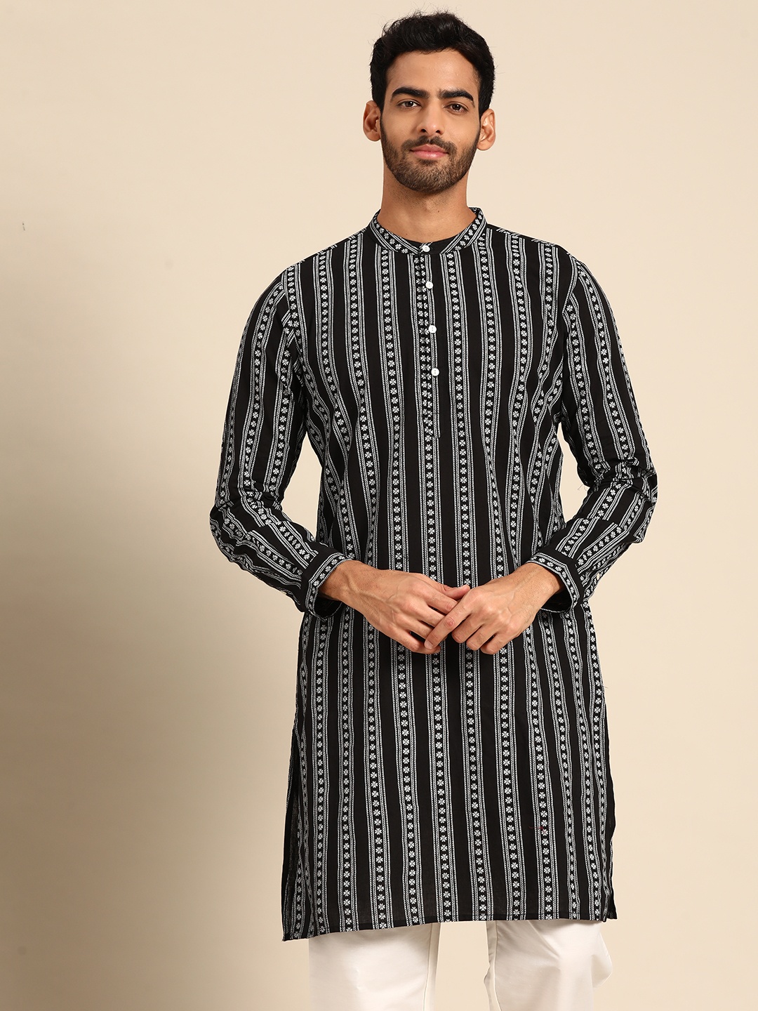 

Anouk Men Black & White Pure Cotton Ethnic Motifs Printed Kurta