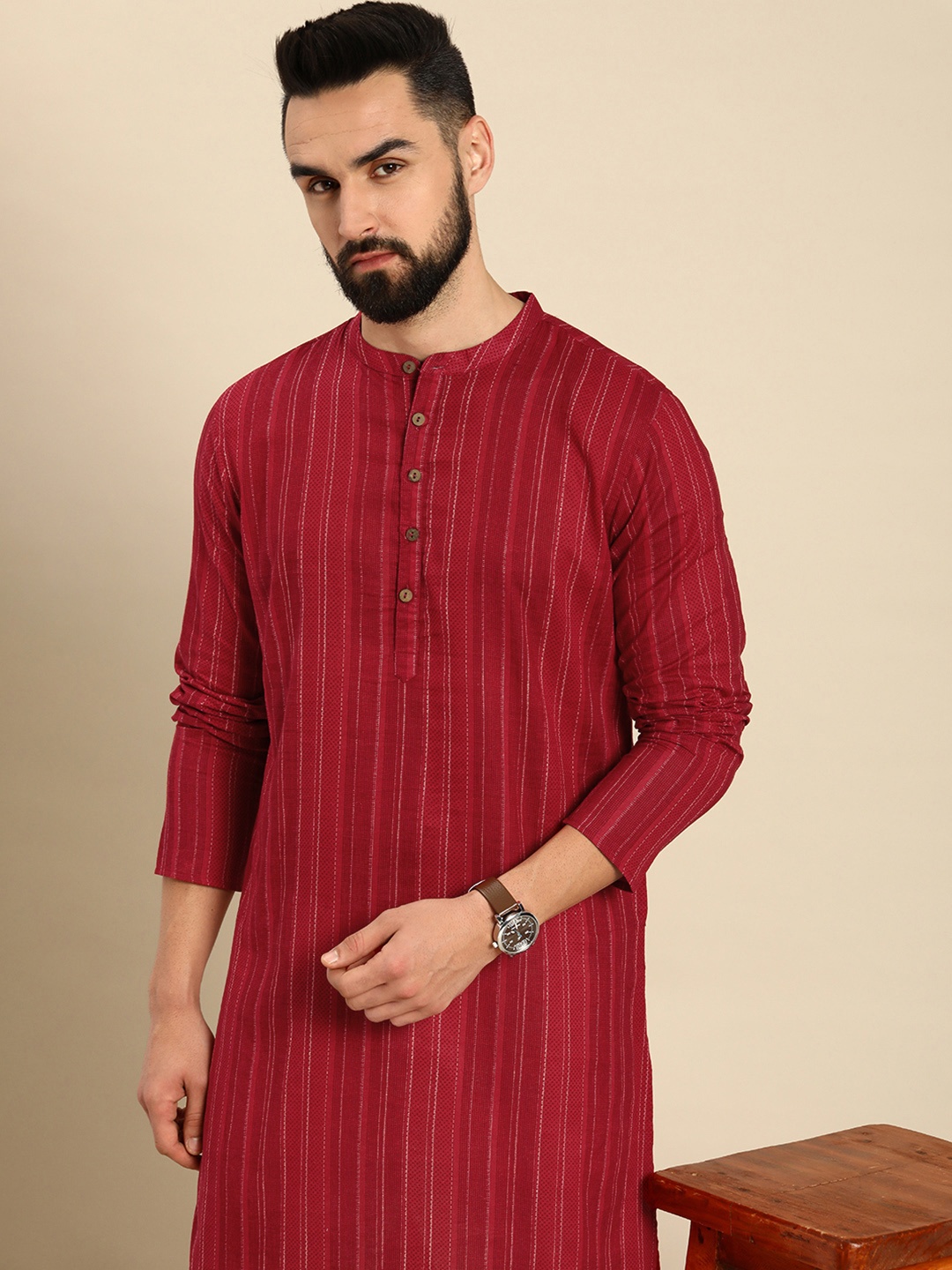 

Anouk Men Striped Pure Cotton Kurta, Red