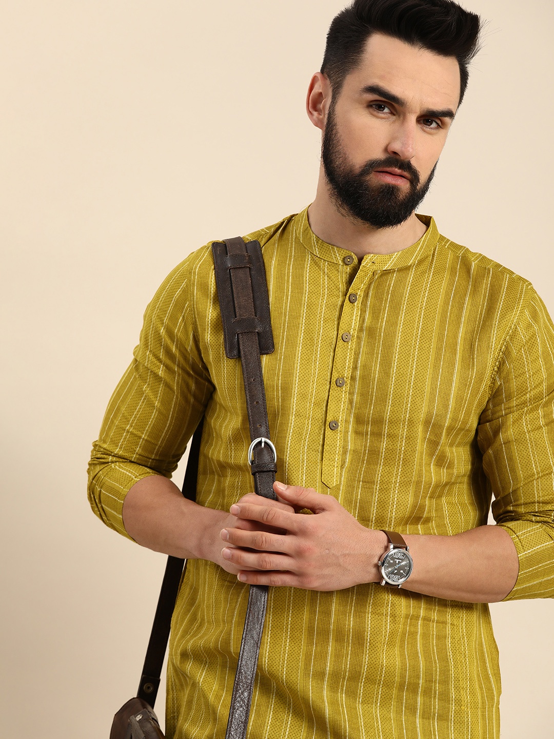 

Anouk Men Striped And Printed Pure Cotton Straight Kurta, Mustard